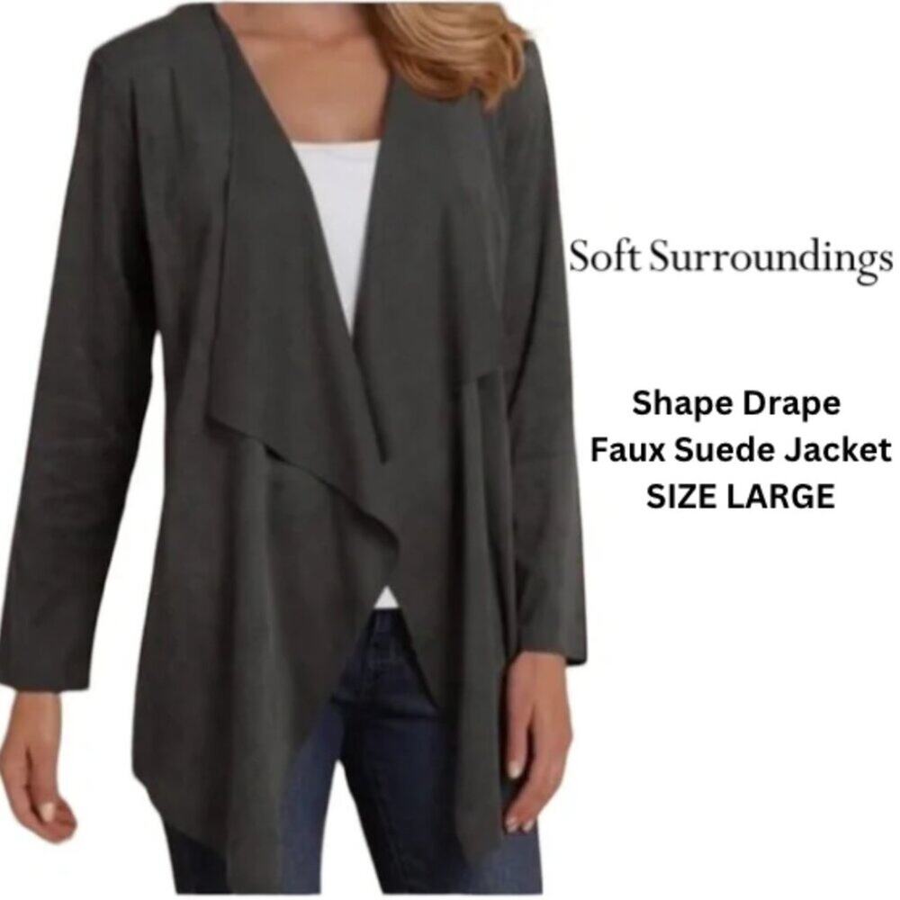 SOFT SURROUNDINGS women's faux suede jacket drape front lapel - SIZE L - LARGE